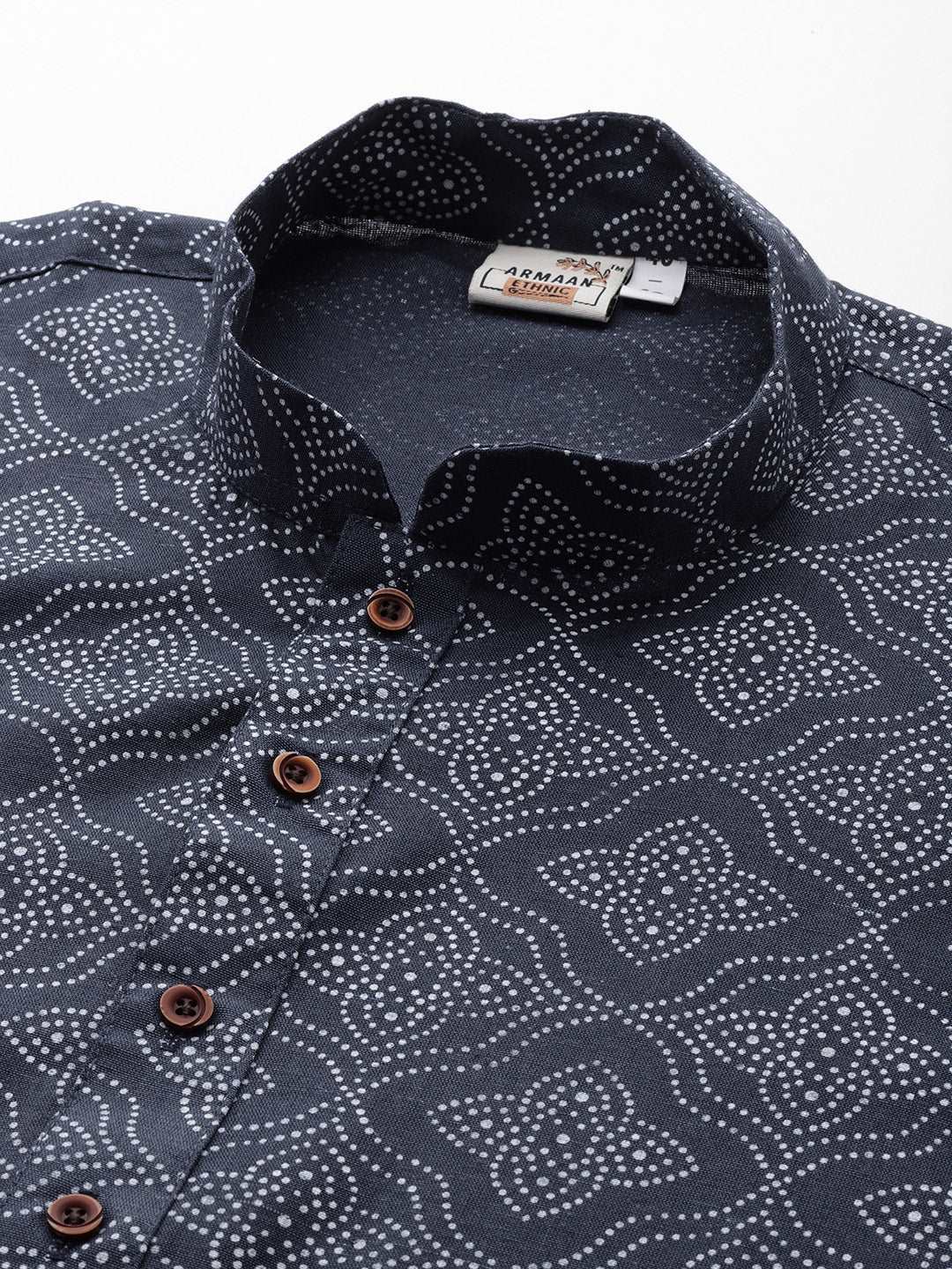 Mandarin Collar Ethnic Printed Cotton Navy Blue Regular Kurta