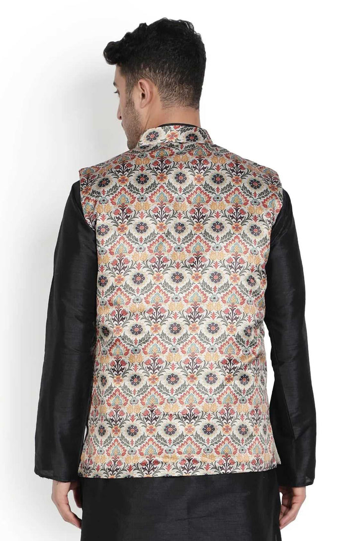 Harmony in Contrast Black and Green Flower Print Nehru Jacket for Men