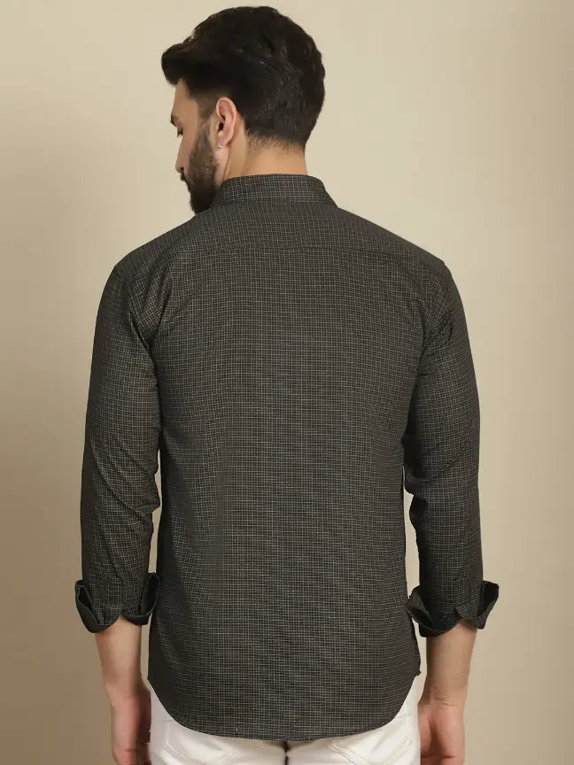 Black Pure Cotton Checked Casual Printed Shirt for Men