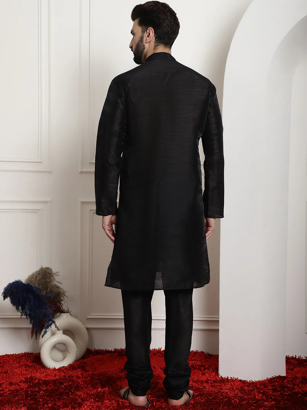 Timeless Allure Black Silk Dupion Kurta and Churidar Set - Classic Elegance for Men