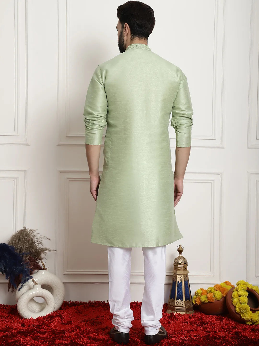 Solid Plain Embroidered Kurta Pyjama Set for Men – A Sartorial Symphony in Sublime Green