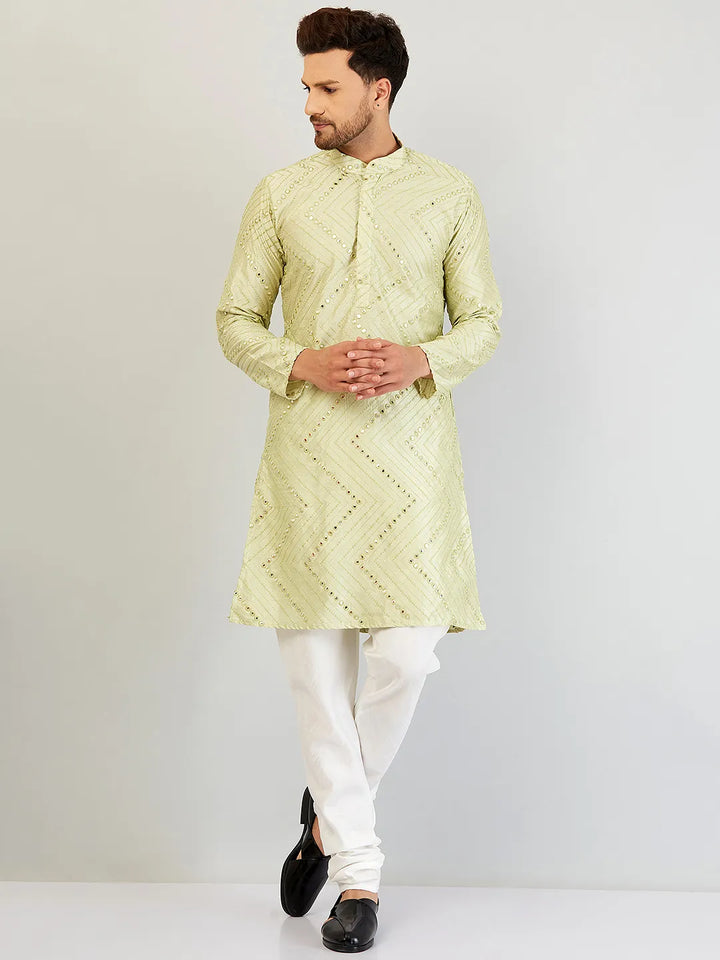 Pista Green Elegance Mirror Work Kurta and Churidar Set for Men - Reflecting Style with Traditional Flair