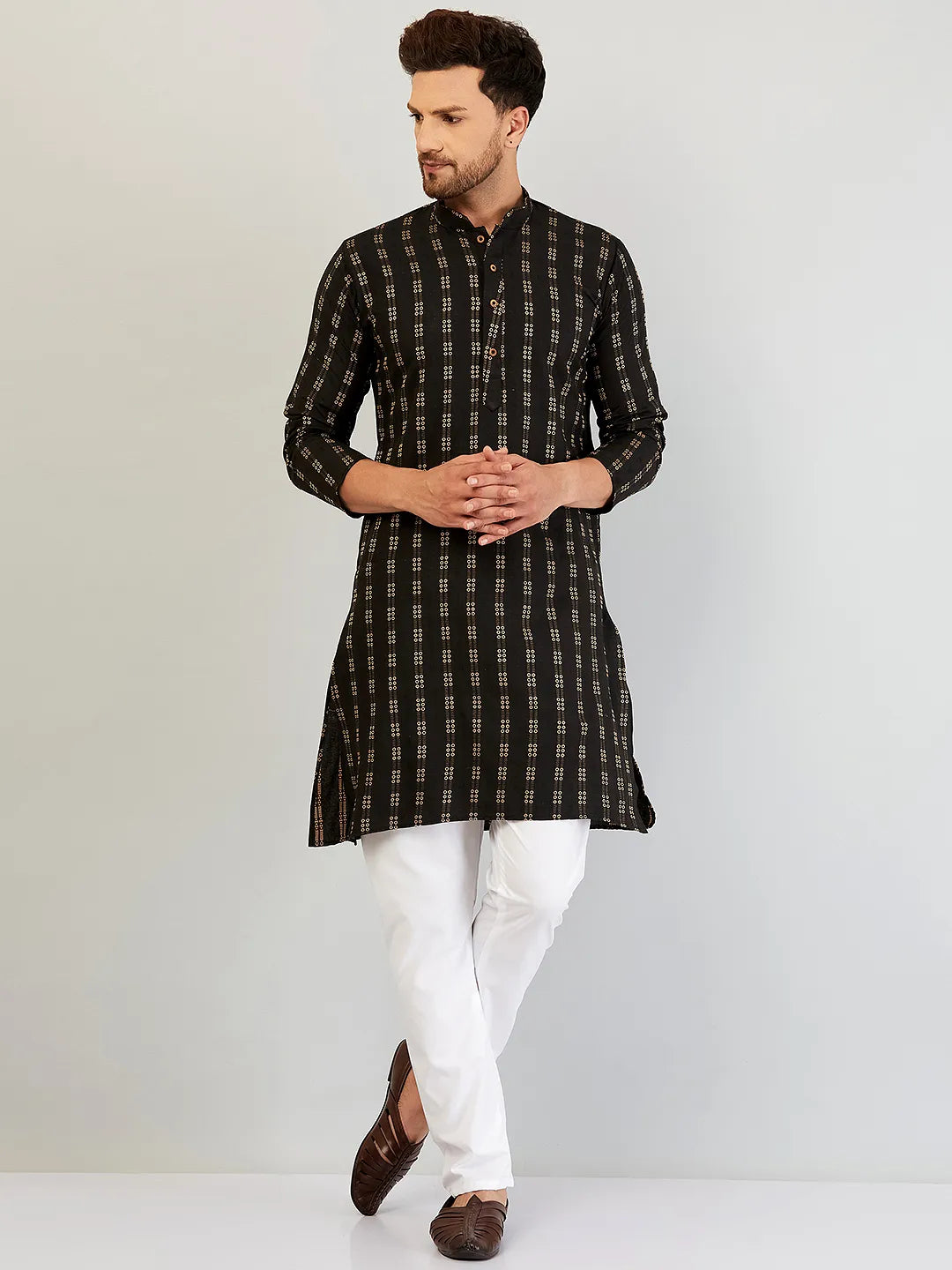 Timeless Appeal Black Self Design Cotton Kurta Pajama Set for Men – Classic Elegance in Every Thread