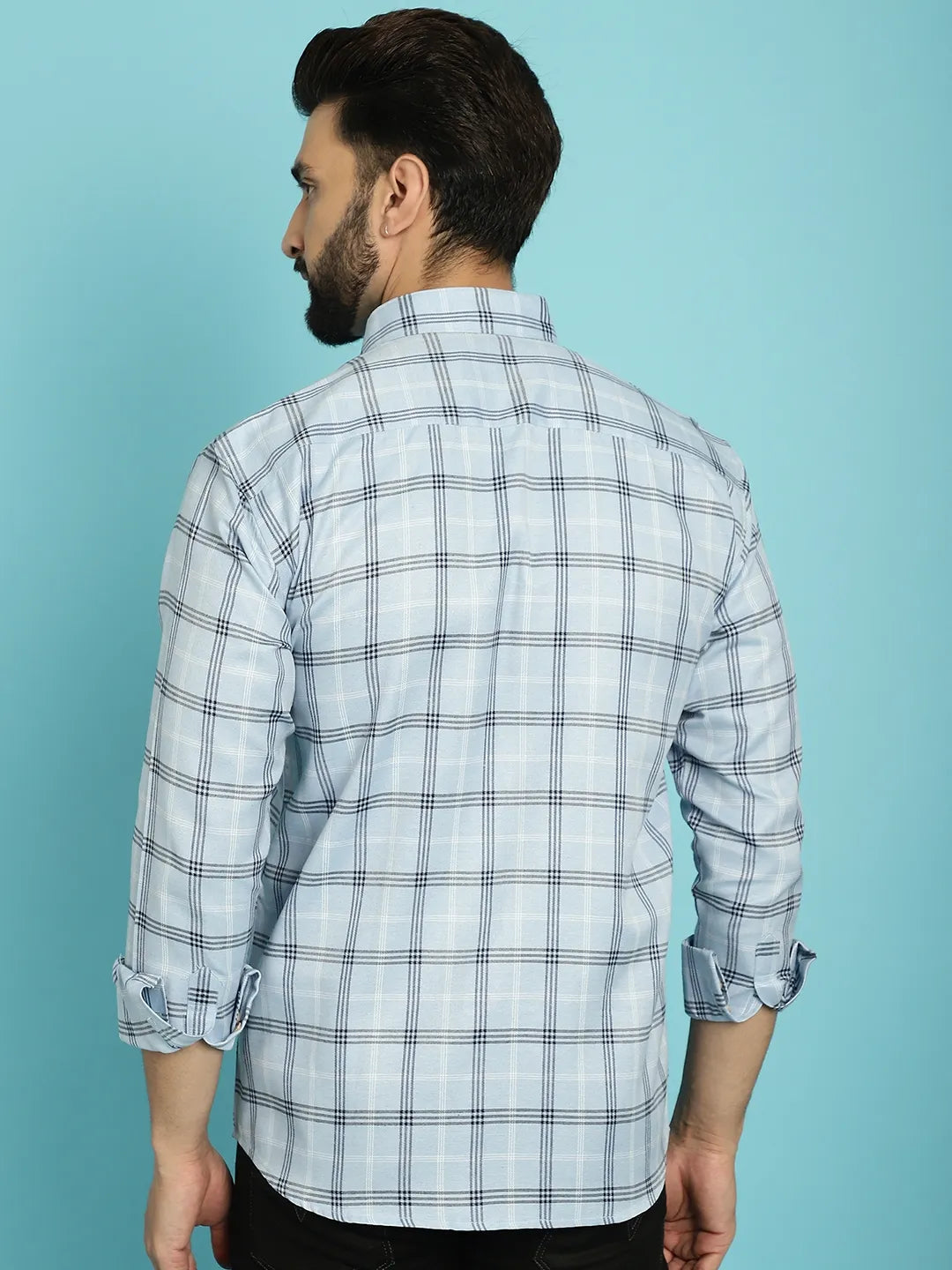 Sky Blue Sophistication Check Cotton Shirt for Men – Elevate Your Style with Timeless Charm