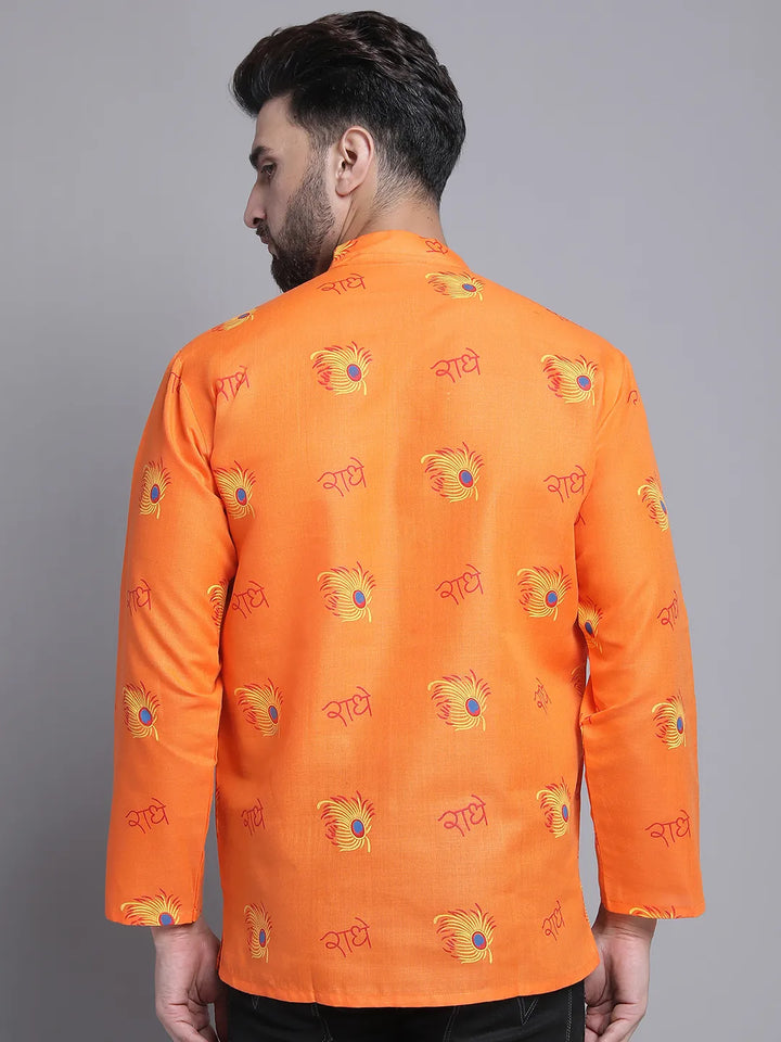 Orange Radhe Radhe Design Short Kurta for Men