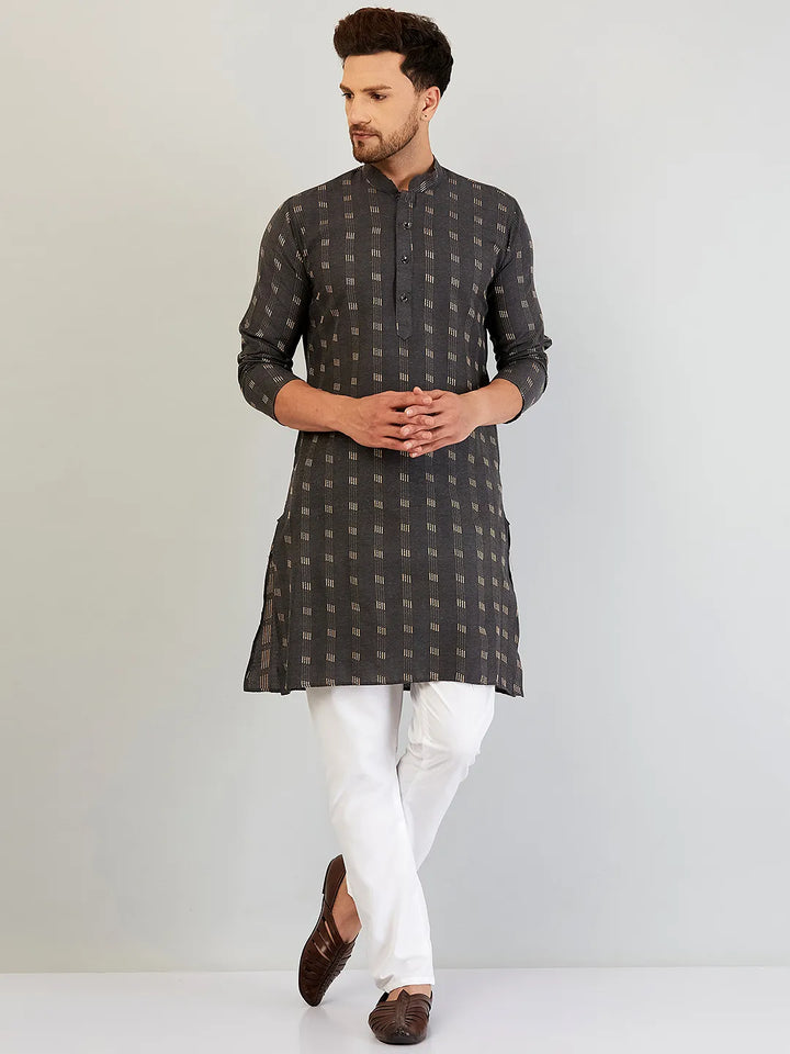 Timeless Grey Elegance Self-Design Cotton Kurta Pyjama Set for Men – Classic Sophistication in Every Thread