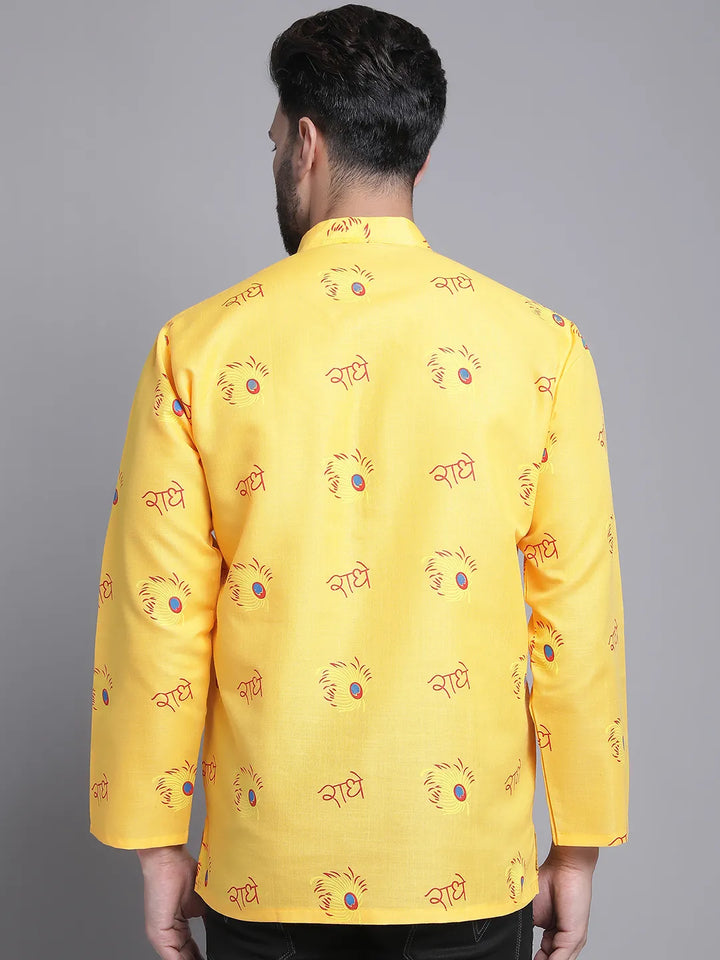 Yellow Radhe Radhe Design Short Kurta for Men