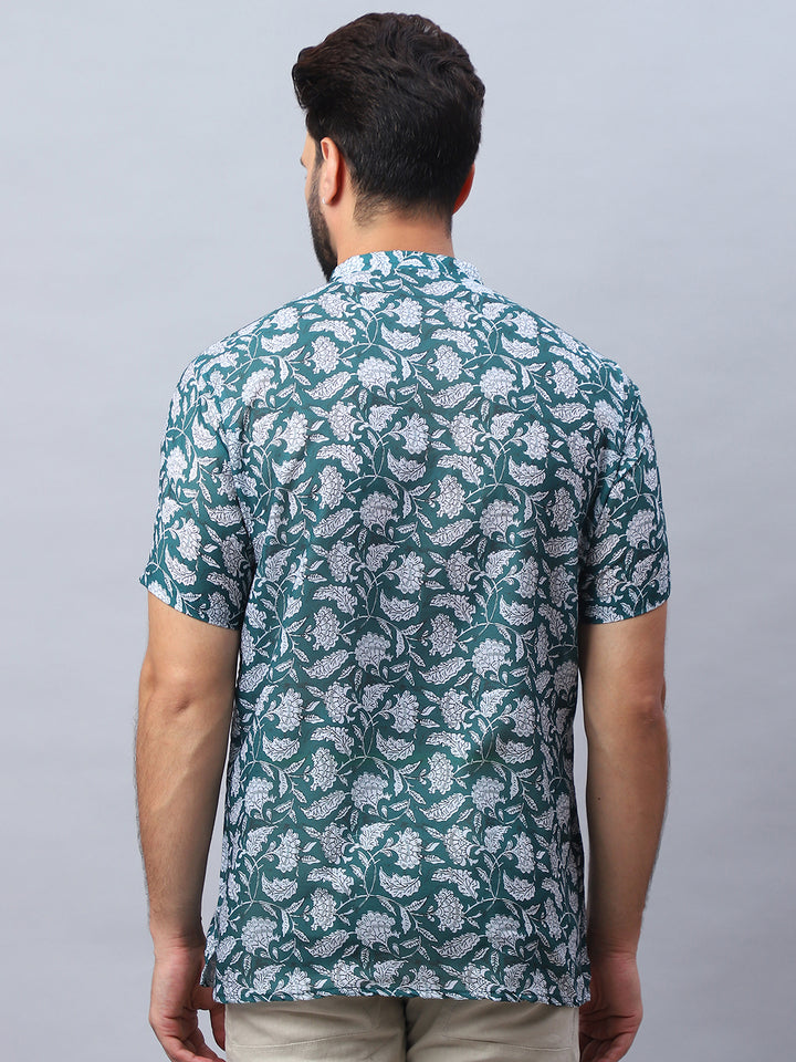 Green & White Floral Printed Cotton Half Sleeves Kurta for Men