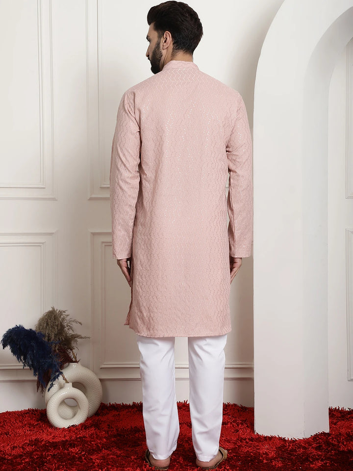 Peach Cotton Chikankari Sequence Kurta with White Pajama Set for Men