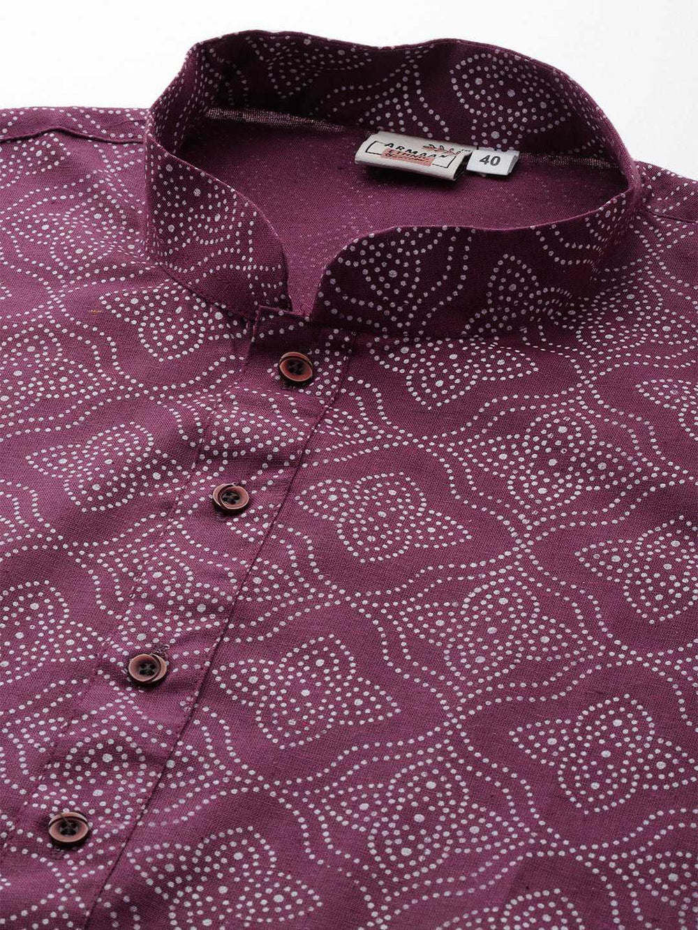 Block Printed Mandarin Collar Cotton Linen Maroon Straight Kurta