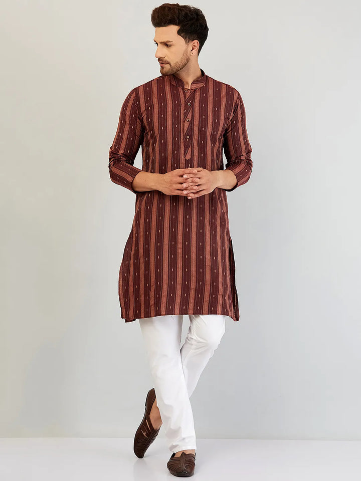 Radiant Red Self Design Cotton Kurta Pyjama Set for Men – Elevate Your Style with Timeless Elegance