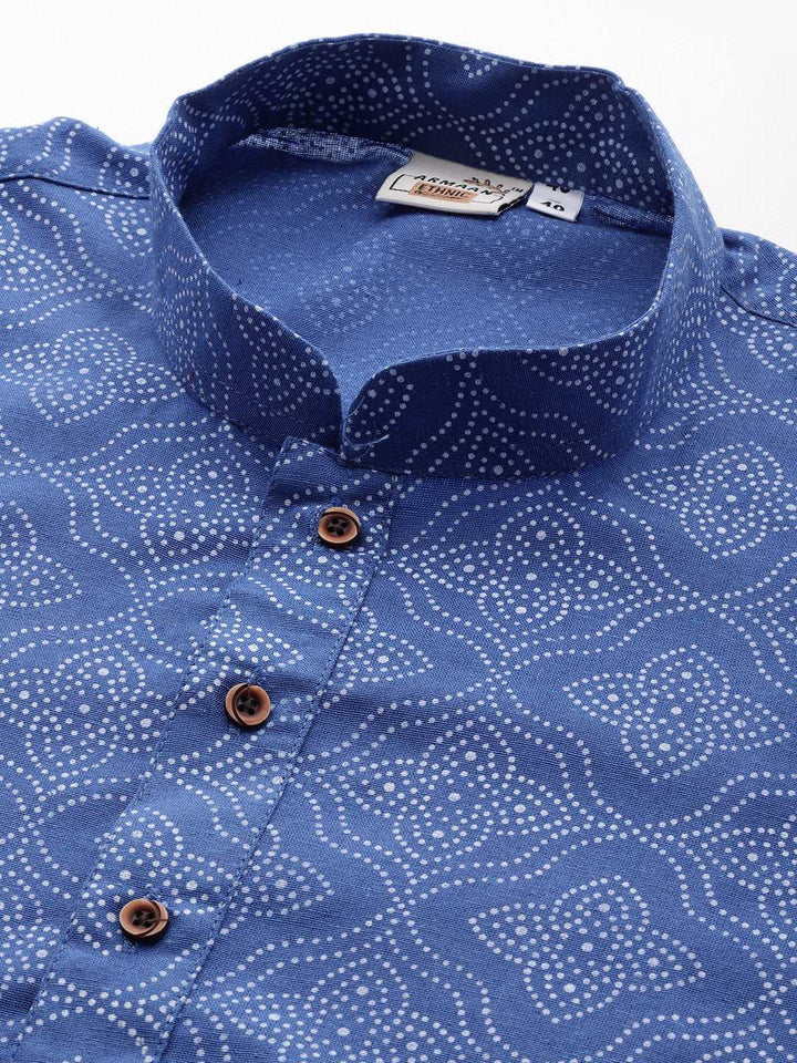 Mandarin Collar Ethnic Printed Cotton Royal Blue Regular Kurta