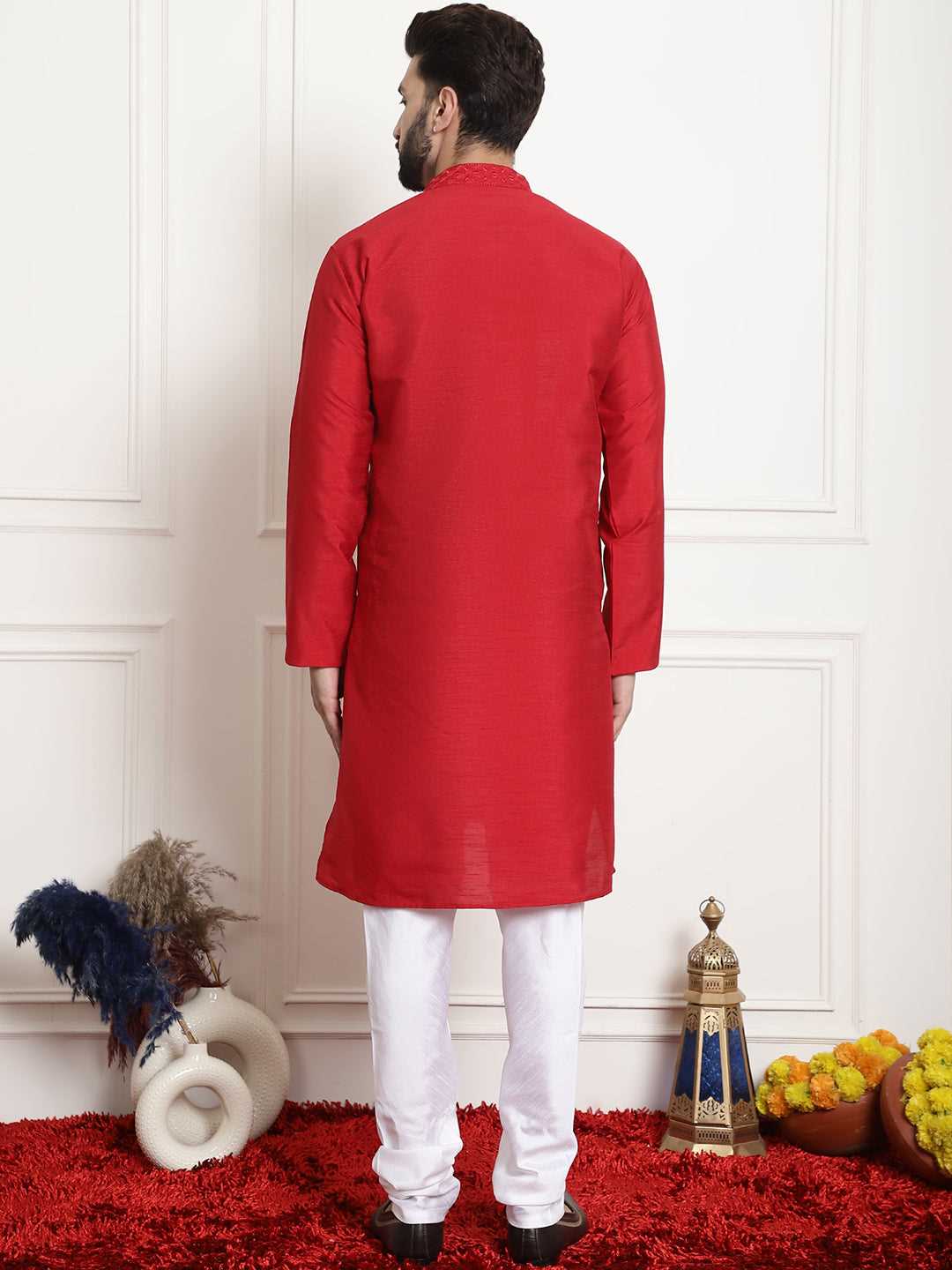 Crimson Classic Solid Plain Embroidered Kurta Pyjama Set for Men