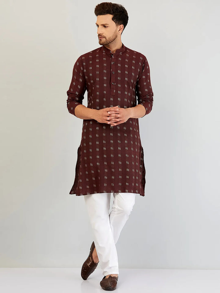 Wine Symphony Self-Design Cotton Kurta Pyjama Set for Men – Timeless Elegance in Rich Burgundy Hues