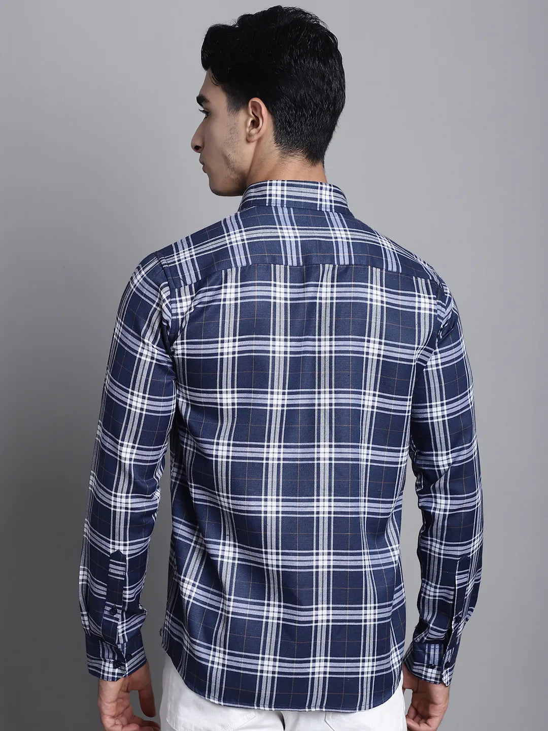 Men's Dark Blue Check Casual Cotton Shirt