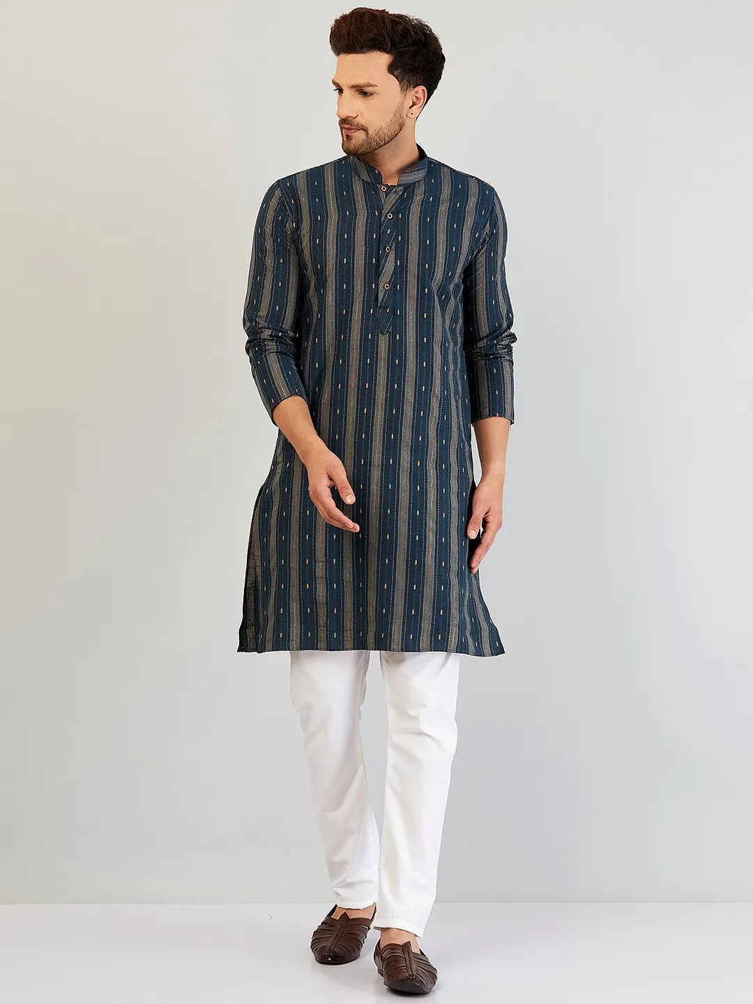 Serenade in Blue Self-Design Cotton Kurta Pyjama Set for Men – Timeless Elegance in Every Thread