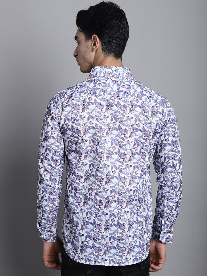 White and Blue Printed Cotton Men's Shirts for Effortless Style