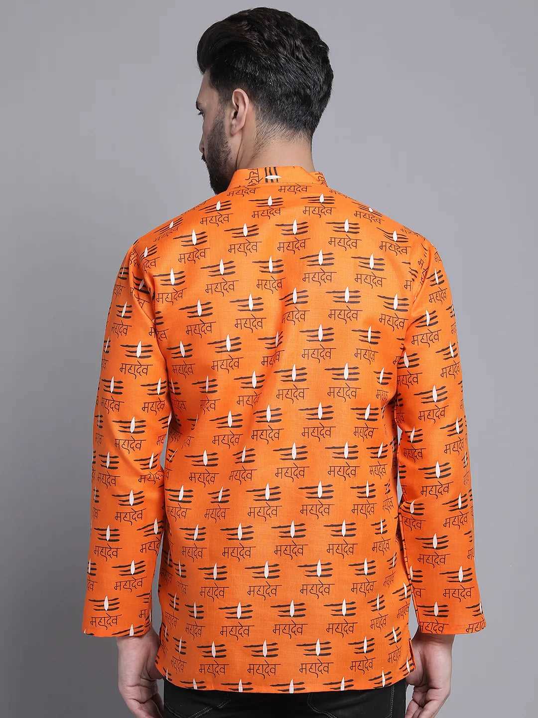 Divine Radiance Orange Mahadev Design Short Kurta for Men