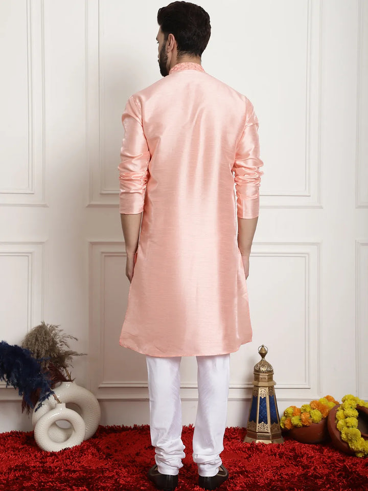 Peach Perfection Solid Plain Embroidered Kurta Pajama Set for Men – Effortless Elegance for Every Occasion