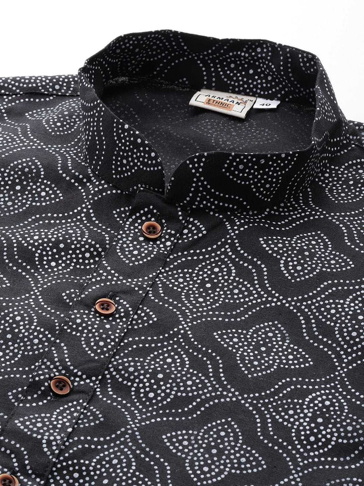 Block Printed Mandarin Collar Cotton Linen Black Straight Kurta