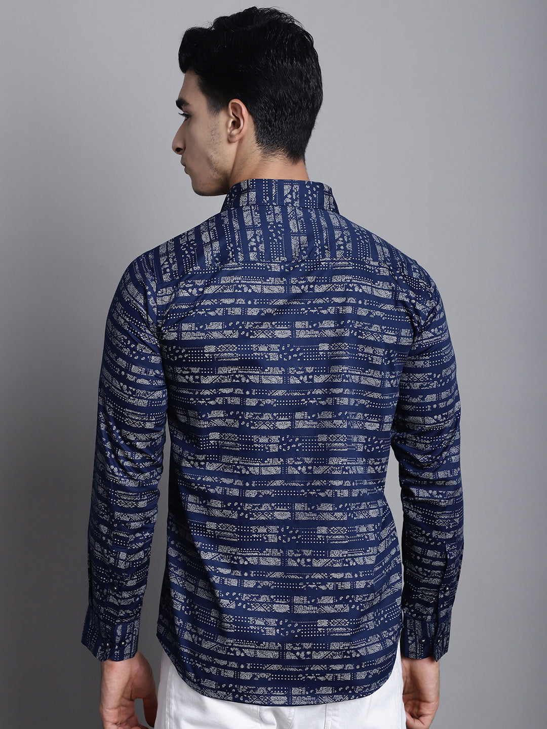 Understated Luxury Dive into Style with Our Dark Blue Printed Shirts for Men