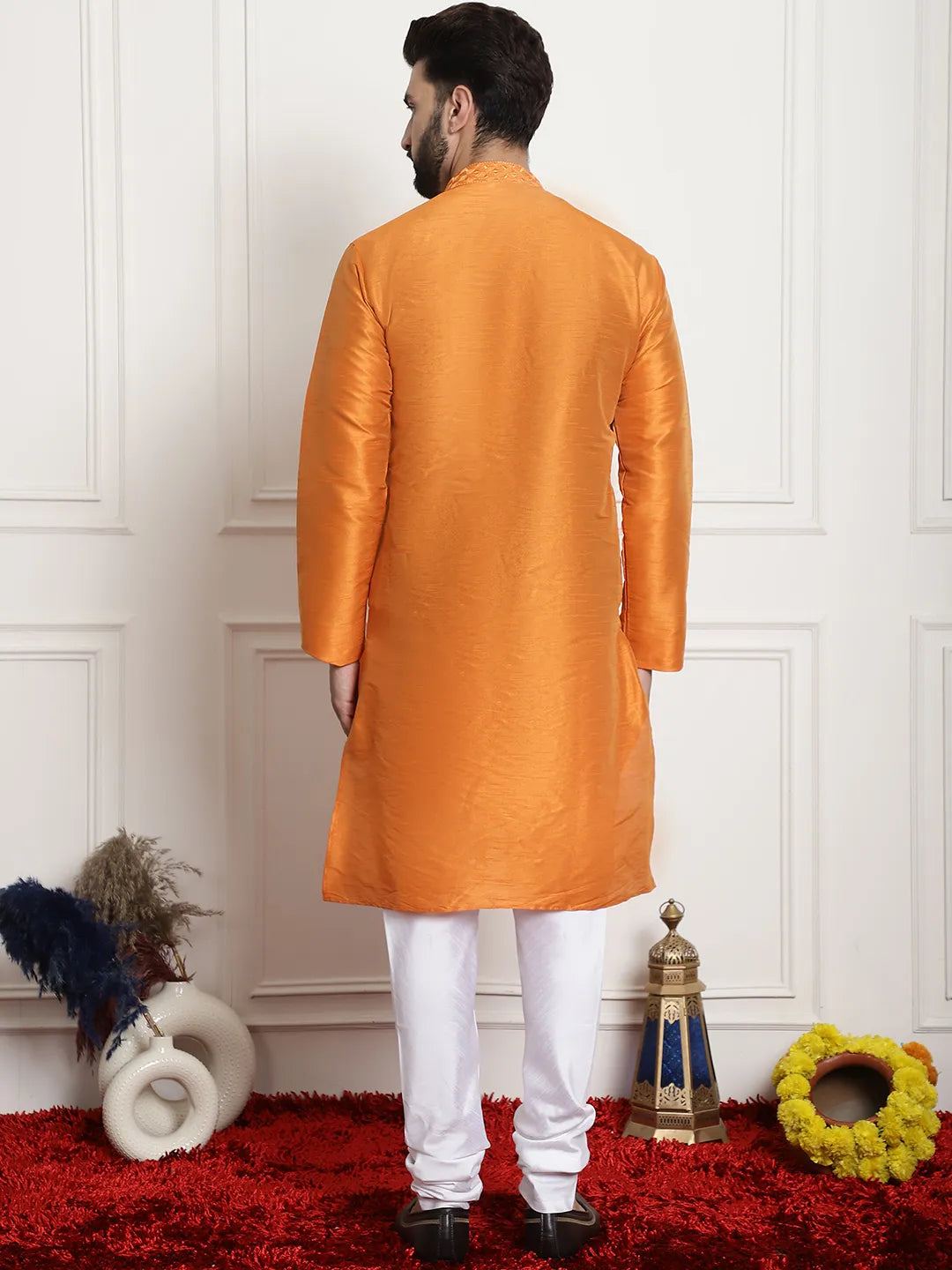 Tangerine Elegance Solid Plain Embroidered Kurta Pyjama Set for Men – Radiate Style in Captivating Orange Hues