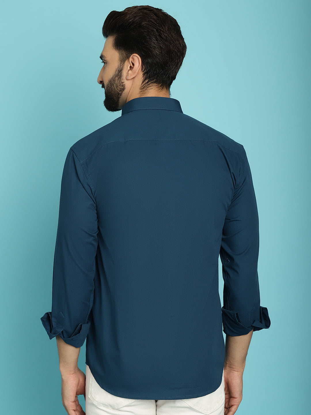 Men's Discover Effortless Elegance with Our Peacock Blue Casual Shirt