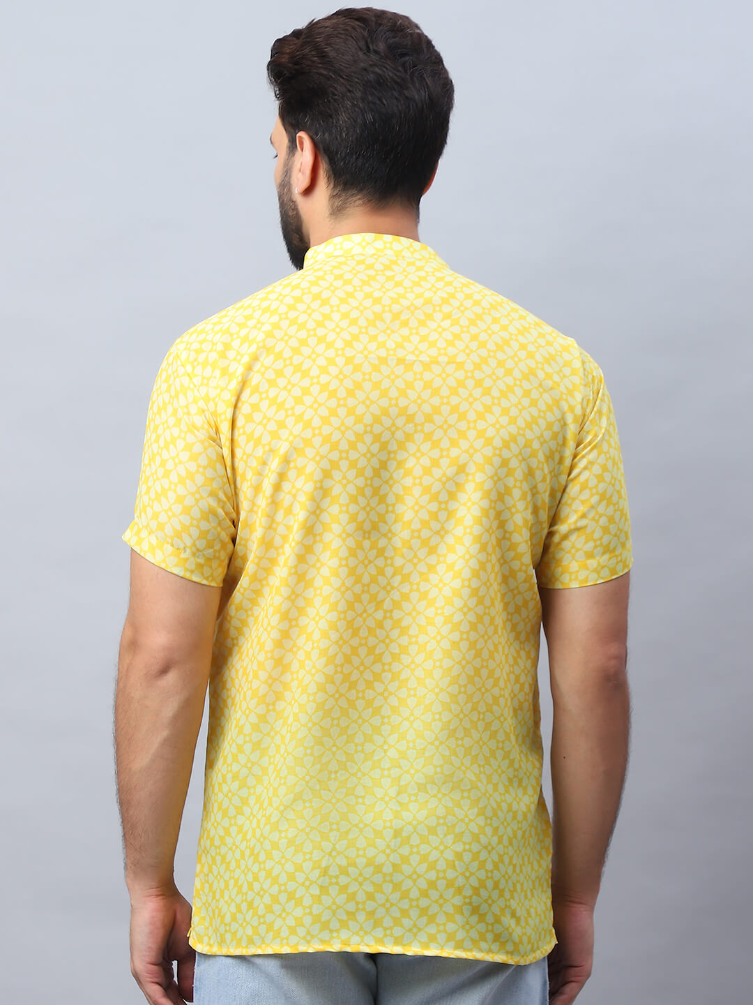 Yellow Floral Print Short Kurta for Men