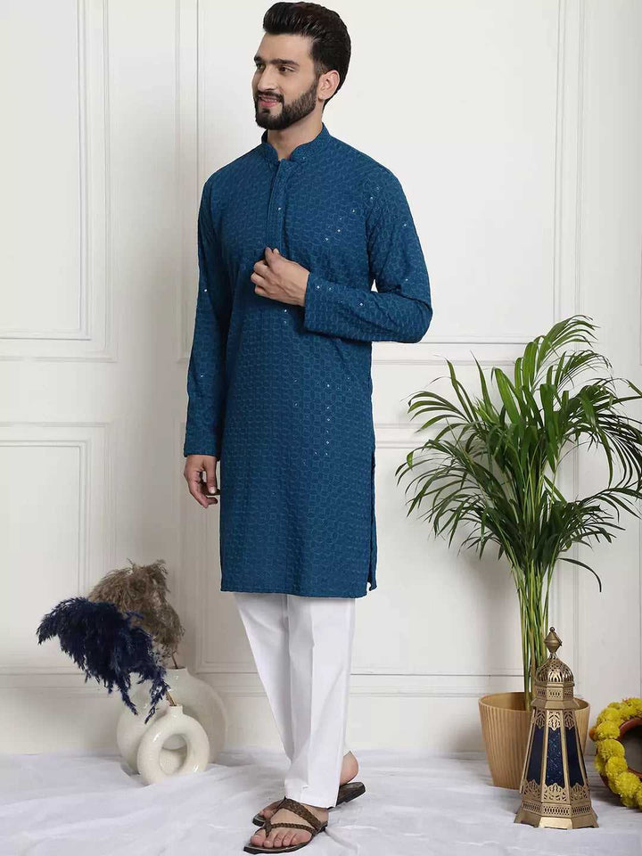 Men's Peacock Blue Cotton Kurta Pant Embrace Cool Comfort and Classic Style