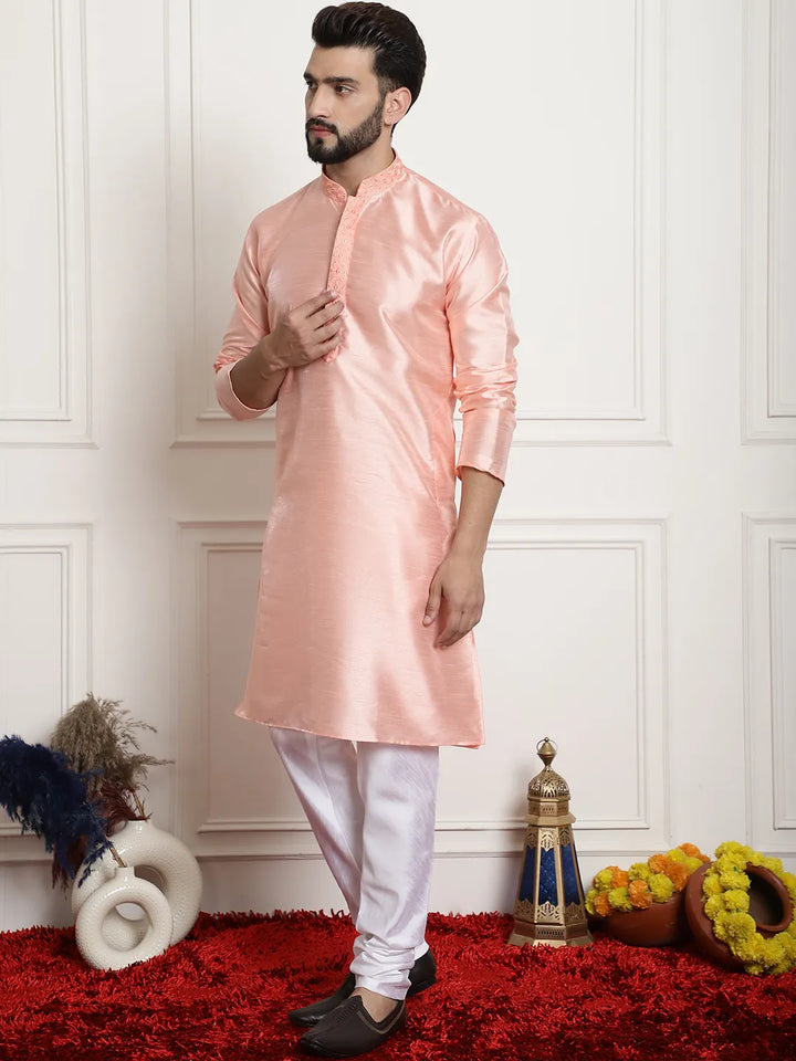 Peach Perfection Solid Plain Embroidered Kurta Pajama Set for Men – Effortless Elegance for Every Occasion