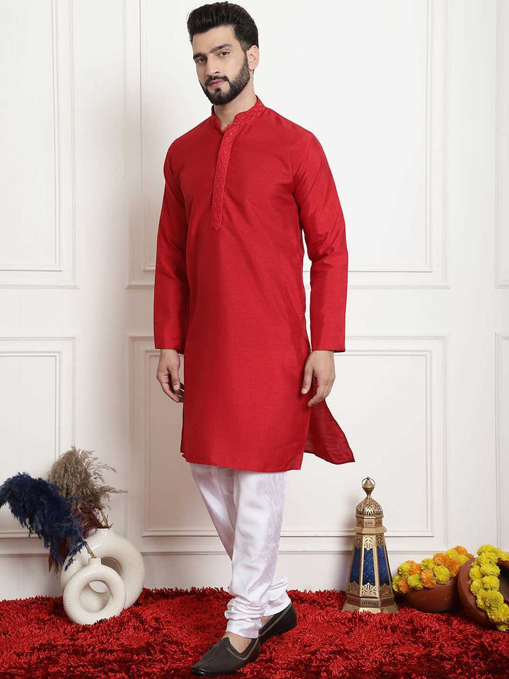 Crimson Classic Solid Plain Embroidered Kurta Pyjama Set for Men