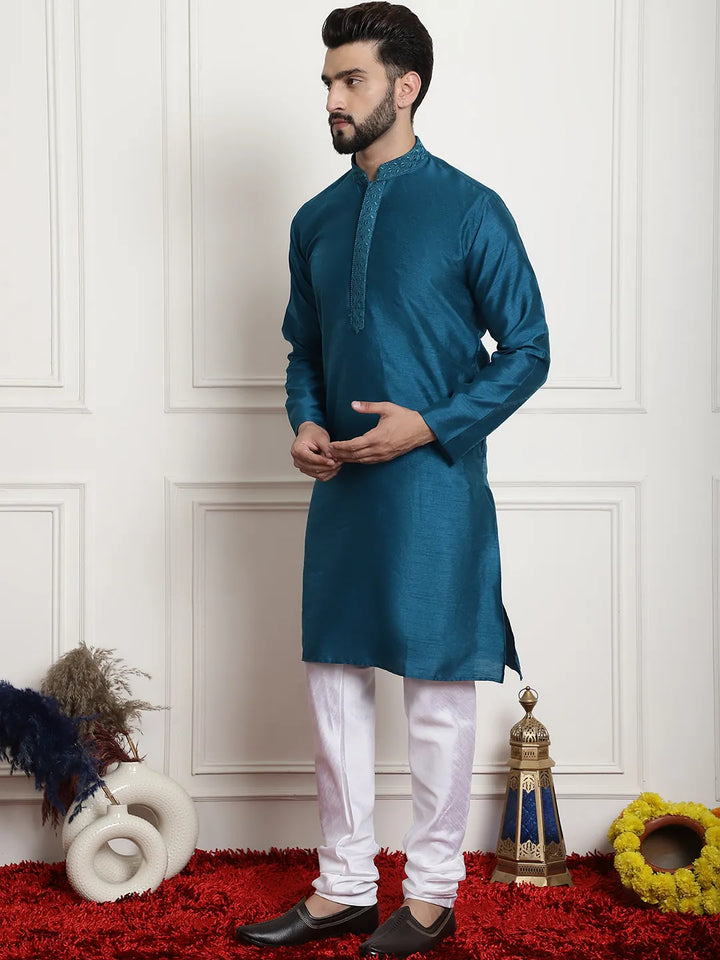 Peacock Splendor Solid Plain Embroidered Kurta Pyjama Set for Men in Stunning Peacock Blue – Timeless Elegance and Modern Sophistication