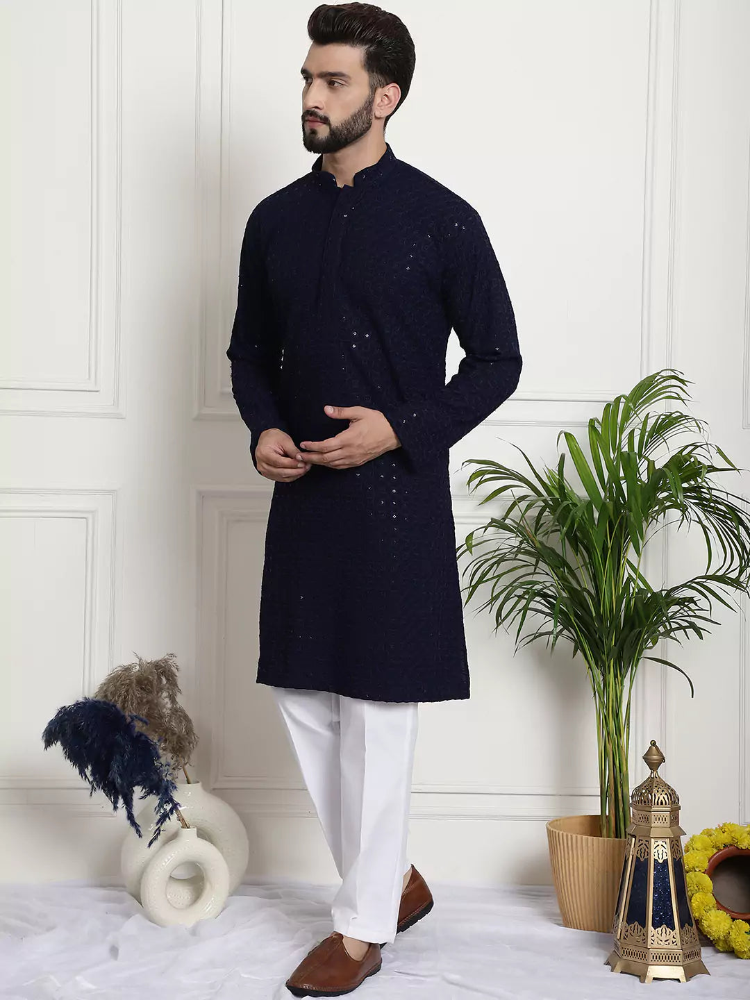 Men's Traditional Threads: Navy Blue Kurta Pant Set