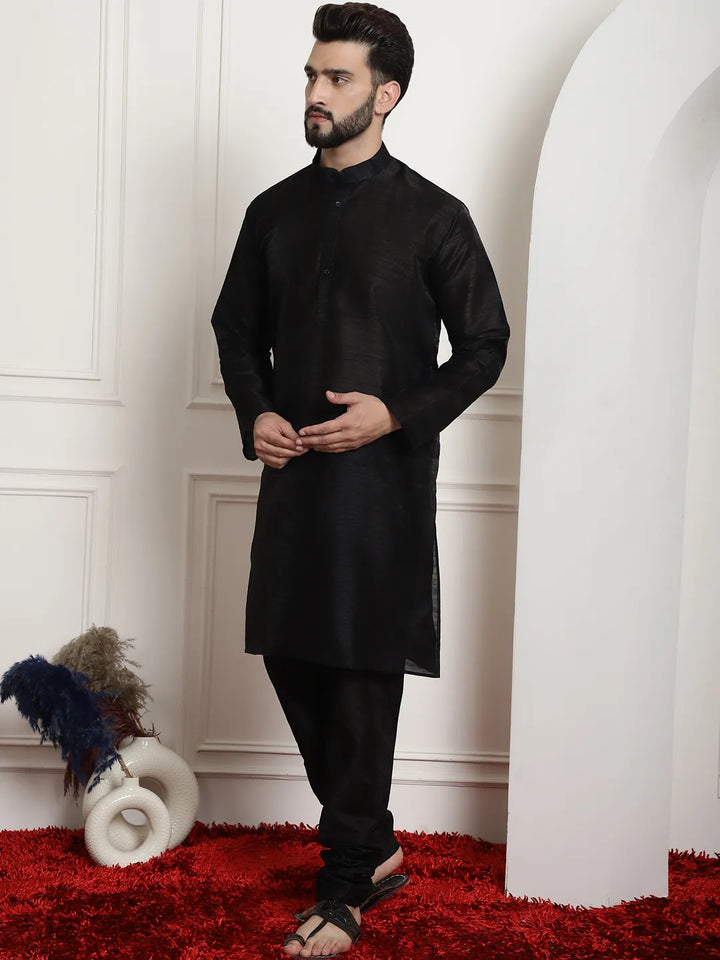 Timeless Allure Black Silk Dupion Kurta and Churidar Set - Classic Elegance for Men