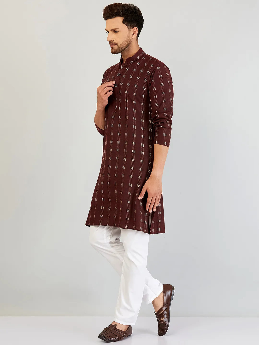 Wine Symphony Self-Design Cotton Kurta Pyjama Set for Men – Timeless Elegance in Rich Burgundy Hues