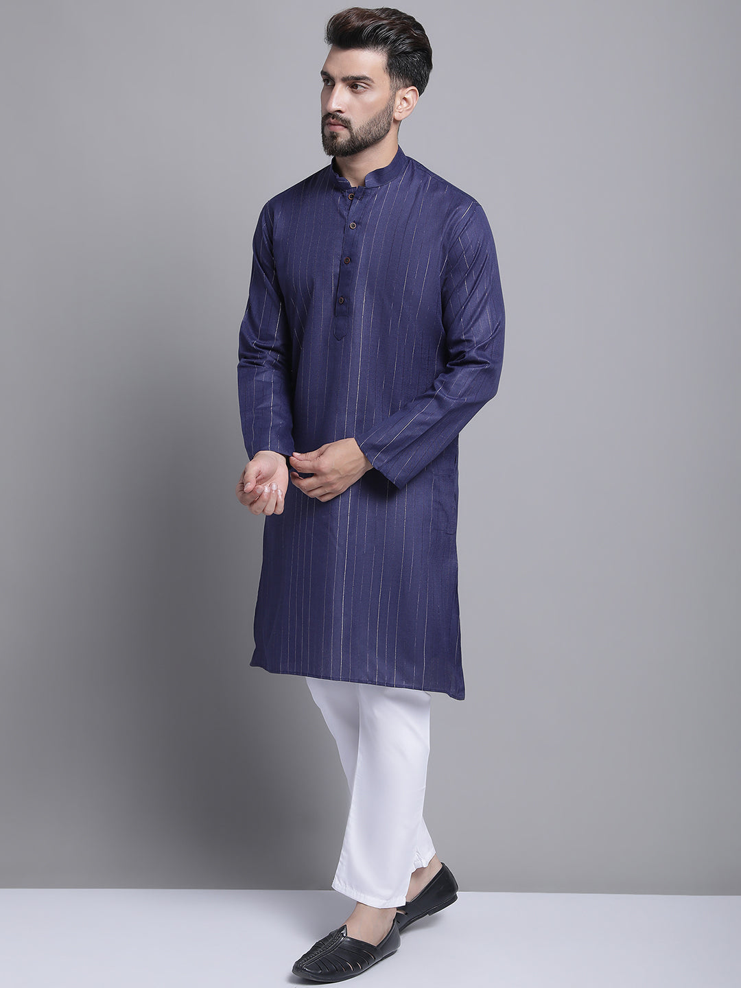 Men's Lining Cotton Regular Navy Blue Kurta With Pajamas.