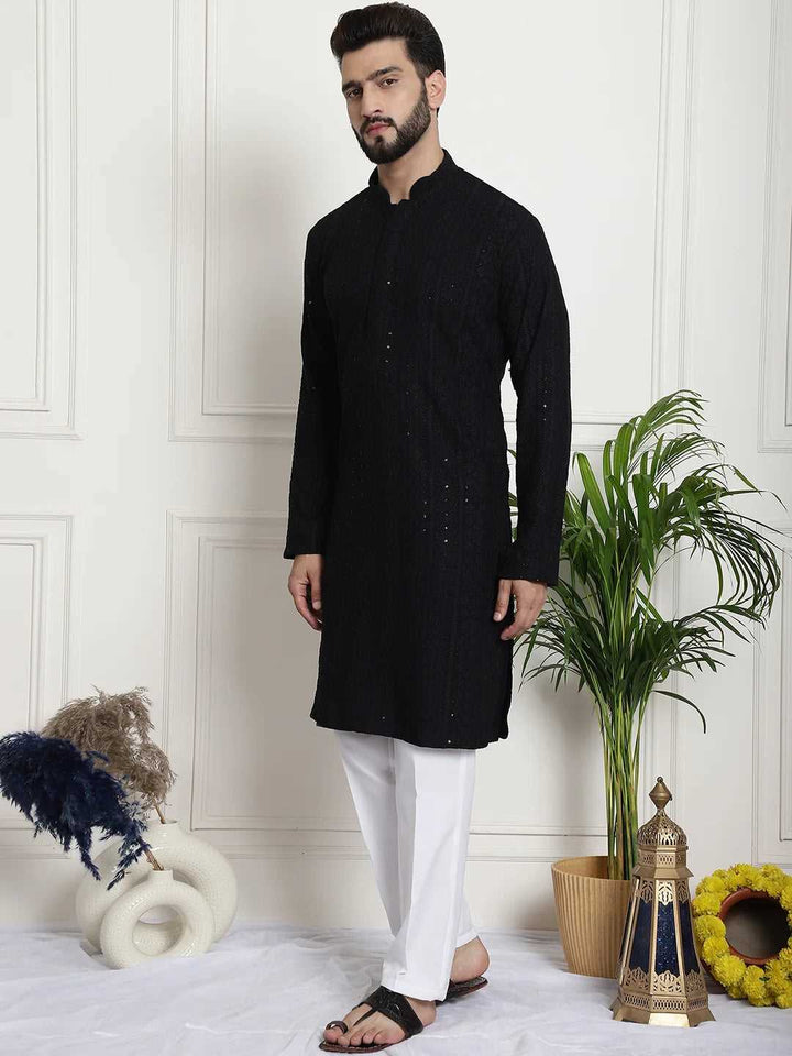 Men's Black Chikankari Embroidered & Sequence Kurta Pant Set