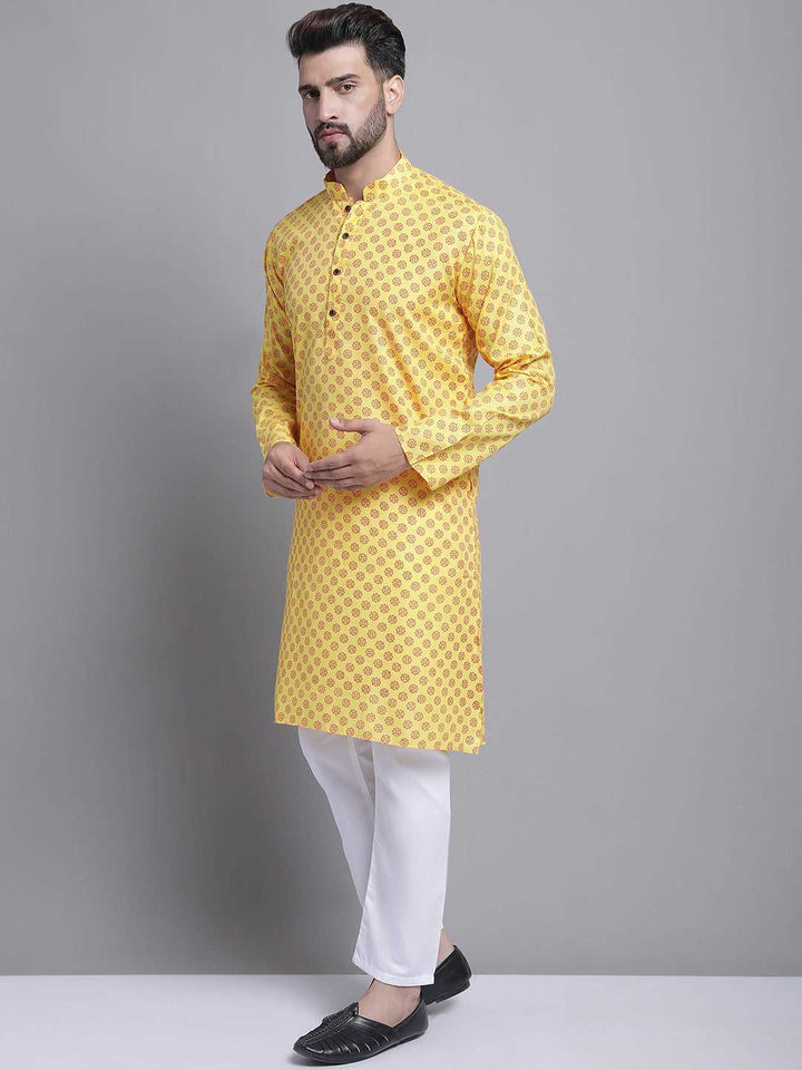 Men's Cotton Blend Regular Yellow Kurta With Pyjama.