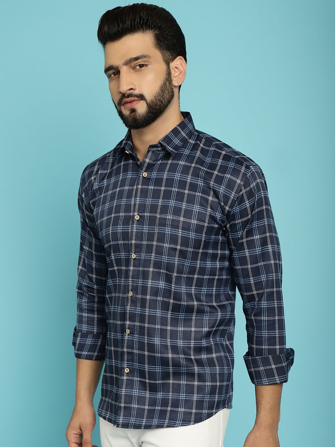 Nautical Elegance Men's Check Navy Blue Cotton Shirts for Stylish Sophistication