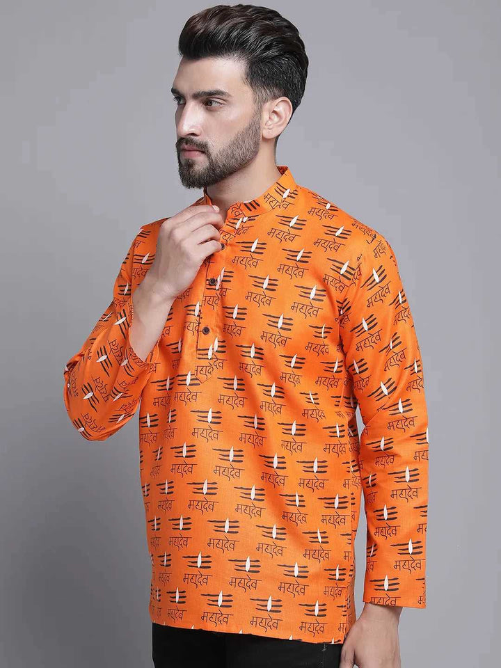 Divine Radiance Orange Mahadev Design Short Kurta for Men