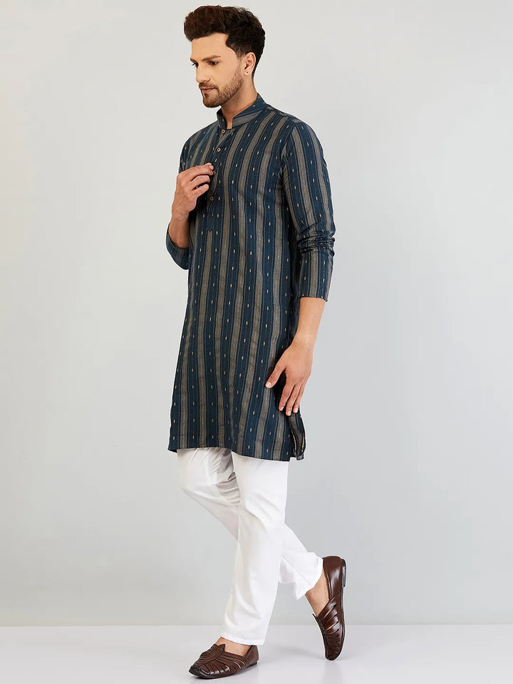 Serenade in Blue Self-Design Cotton Kurta Pyjama Set for Men – Timeless Elegance in Every Thread