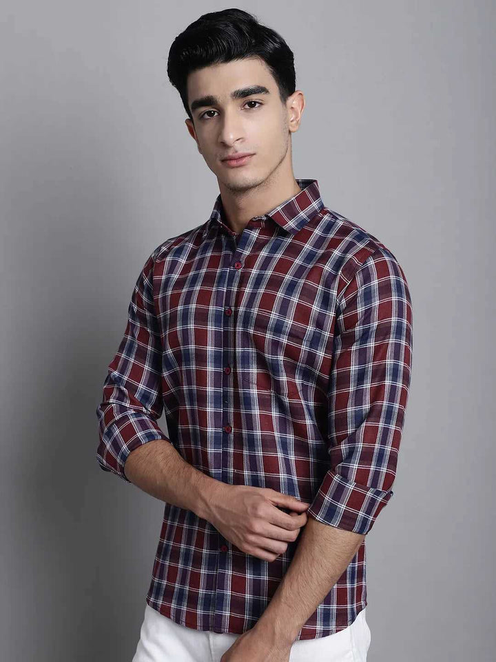 Bold Sophistication Men's Maroon Check Casual Cotton Shirt