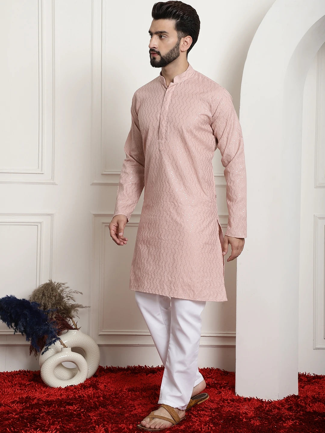 Peach Cotton Chikankari Sequence Kurta with White Pajama Set for Men