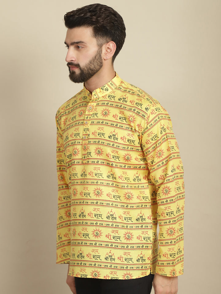 Yellow Jai Shree Ram Short Kurta for Men