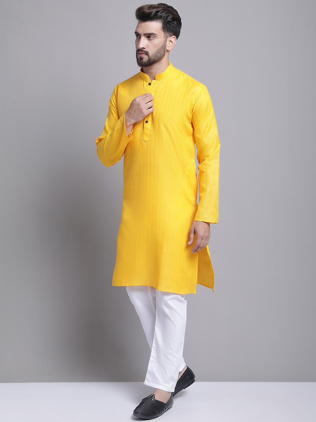 Men's Lining Cotton Regular Yellow Kurta With Pajamas.