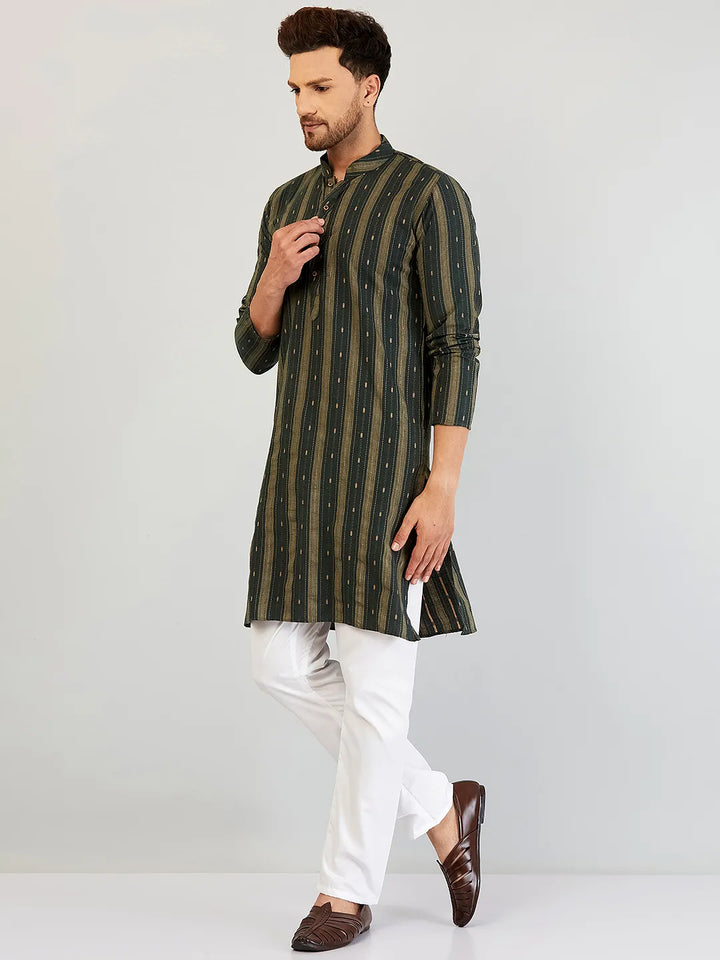 Emerald Elegance Self-Design Cotton Kurta Pyjama Set for Men