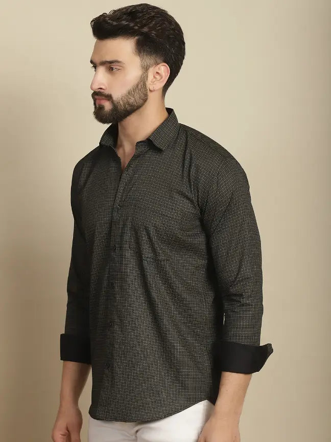 Black Pure Cotton Checked Casual Printed Shirt for Men