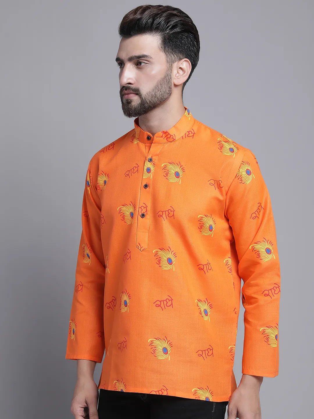 Orange Radhe Radhe Design Short Kurta for Men