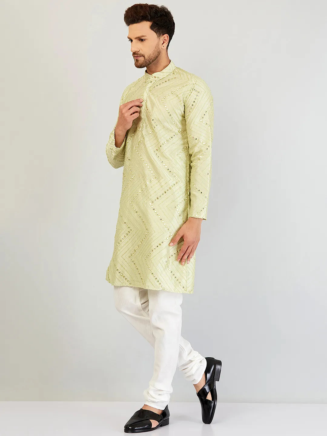 Pista Green Elegance Mirror Work Kurta for Men - Reflecting Style with Traditional Flair