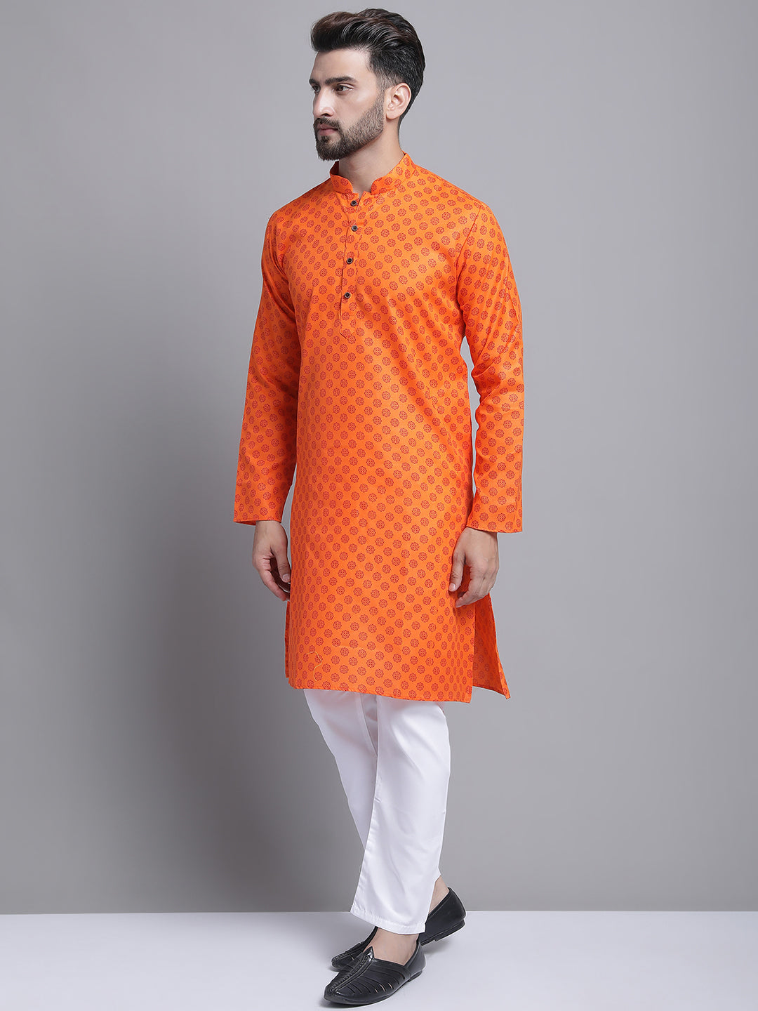 Men's Cotton Blend Regular Orange Kurta With Pyjama.